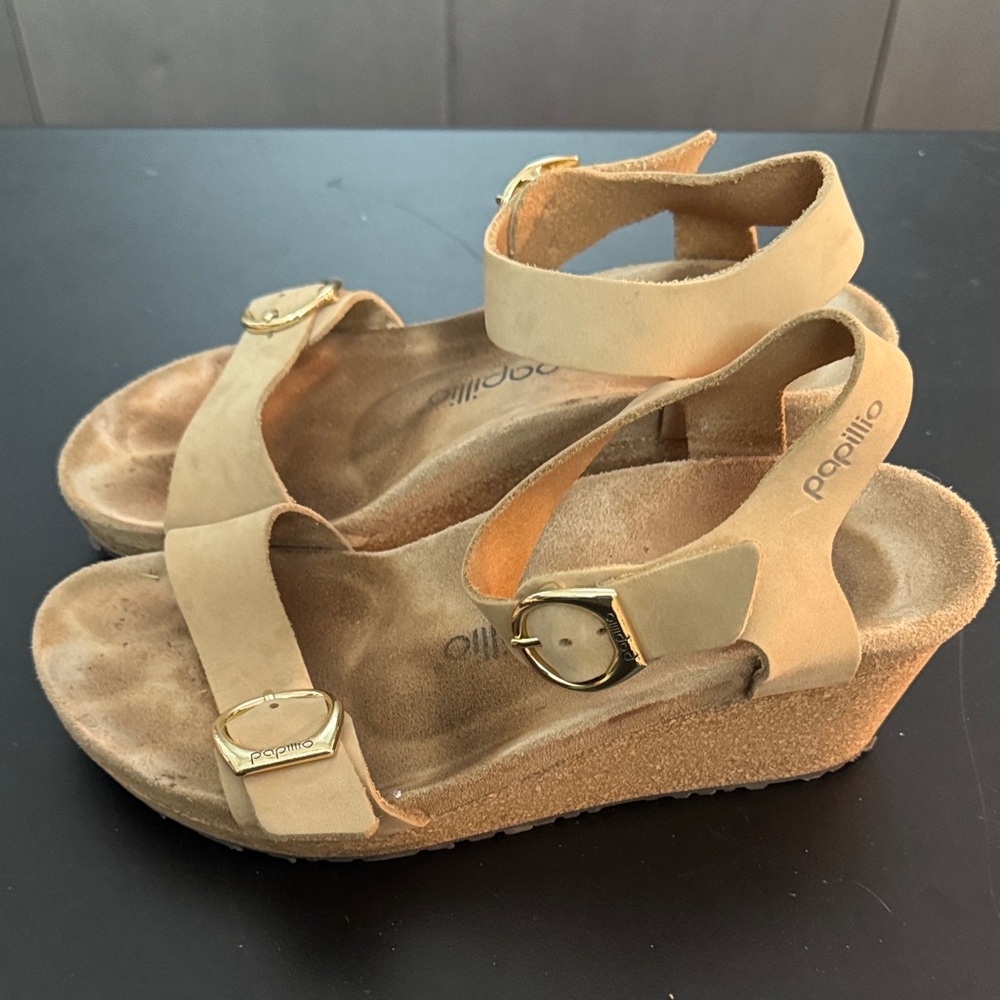 Papillio Nude Suede Cork Wedge Sandals with Gold Buckles